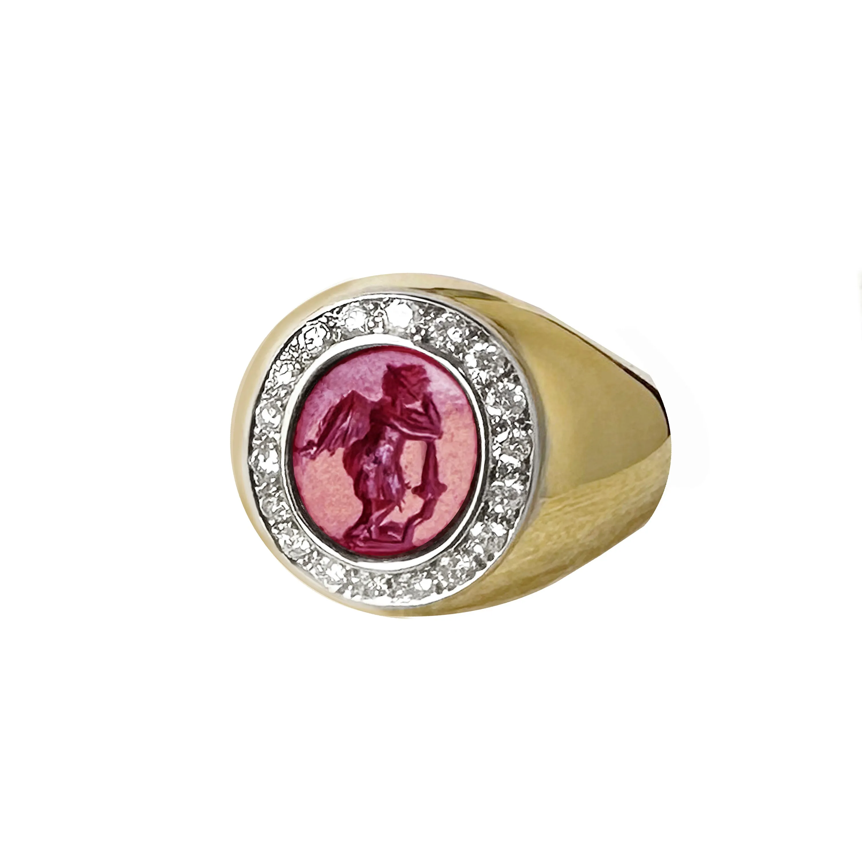 WINGED CUPID WITH A TORCH Authentic Ancient Roman Garnet Intaglio 1st-2nd Cent. AD 18 Kt gold ring 0.70 Cts Diamonds