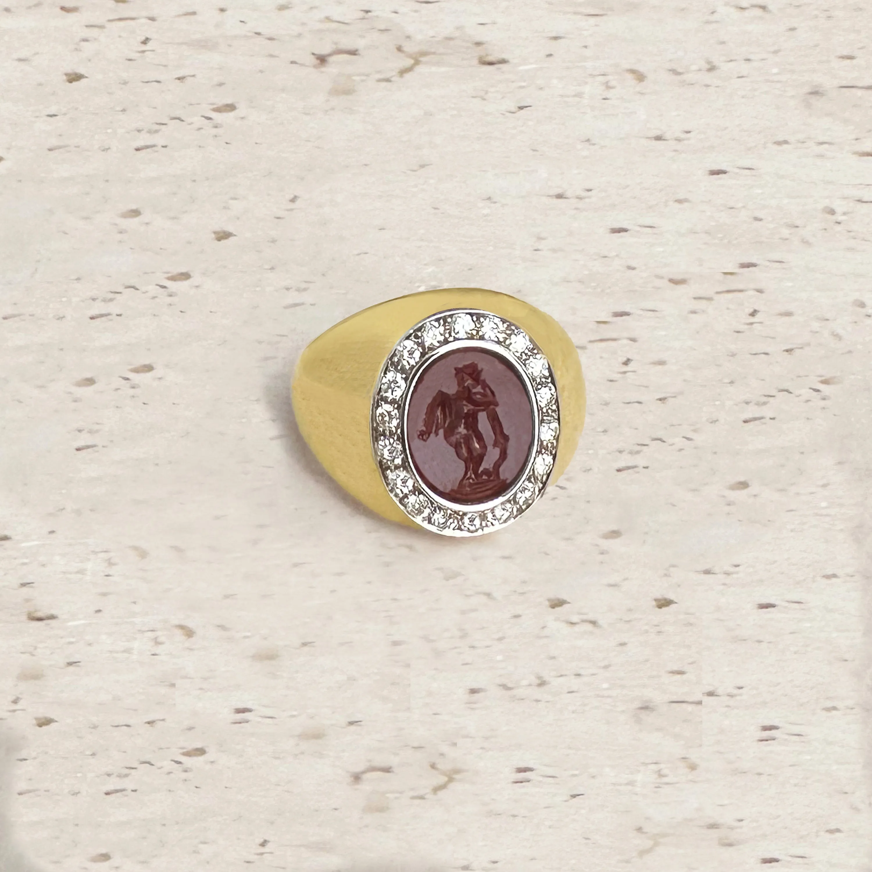 WINGED CUPID WITH A TORCH Authentic Ancient Roman Garnet Intaglio 1st-2nd Cent. AD 18 Kt gold ring 0.70 Cts Diamonds