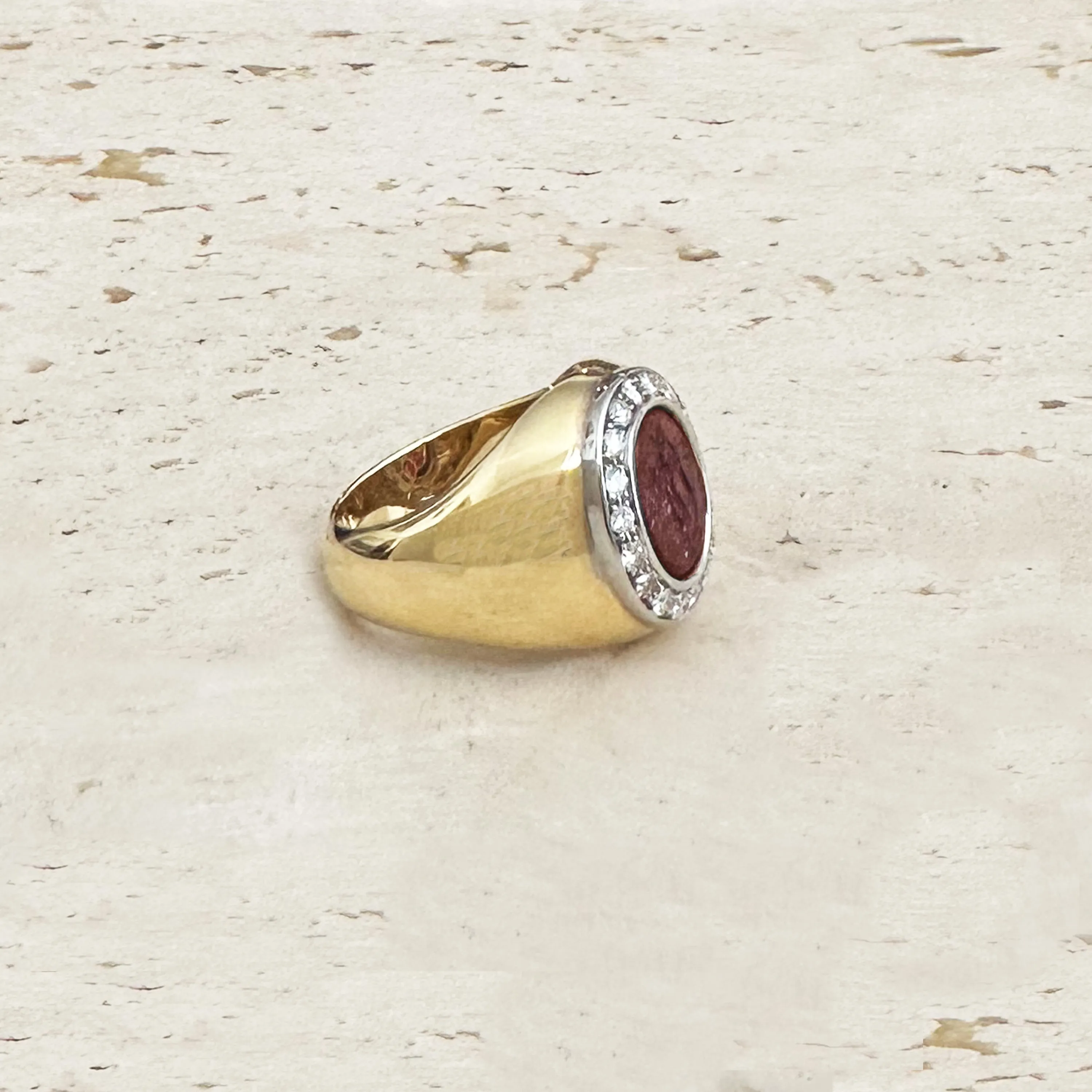 WINGED CUPID WITH A TORCH Authentic Ancient Roman Garnet Intaglio 1st-2nd Cent. AD 18 Kt gold ring 0.70 Cts Diamonds